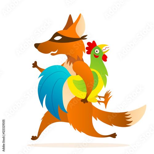 Vector funny cartoon illustration smiling thief fox kidnapped pop-eyed rooster