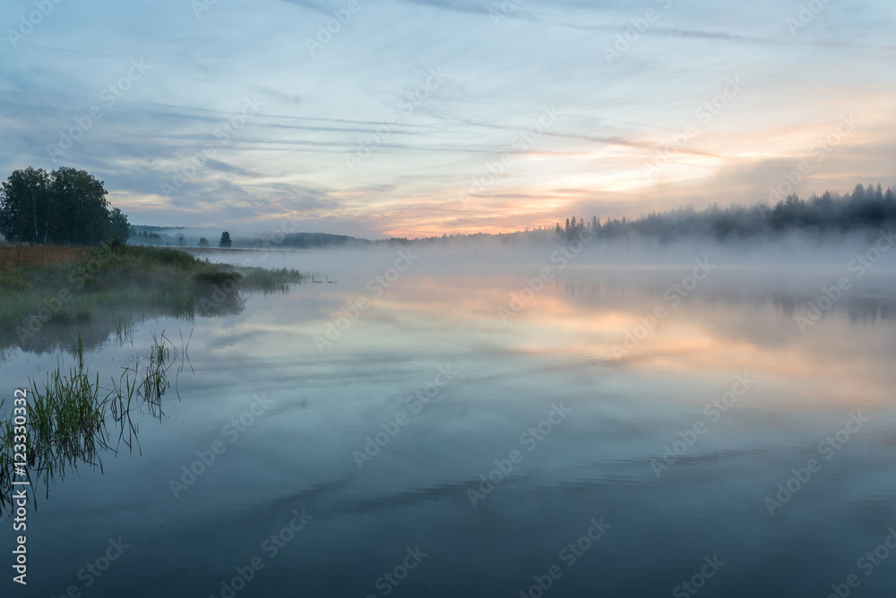 lake sunrise fog reflection