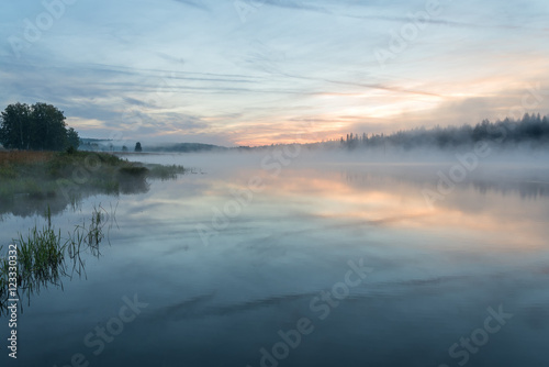 lake sunrise fog reflection