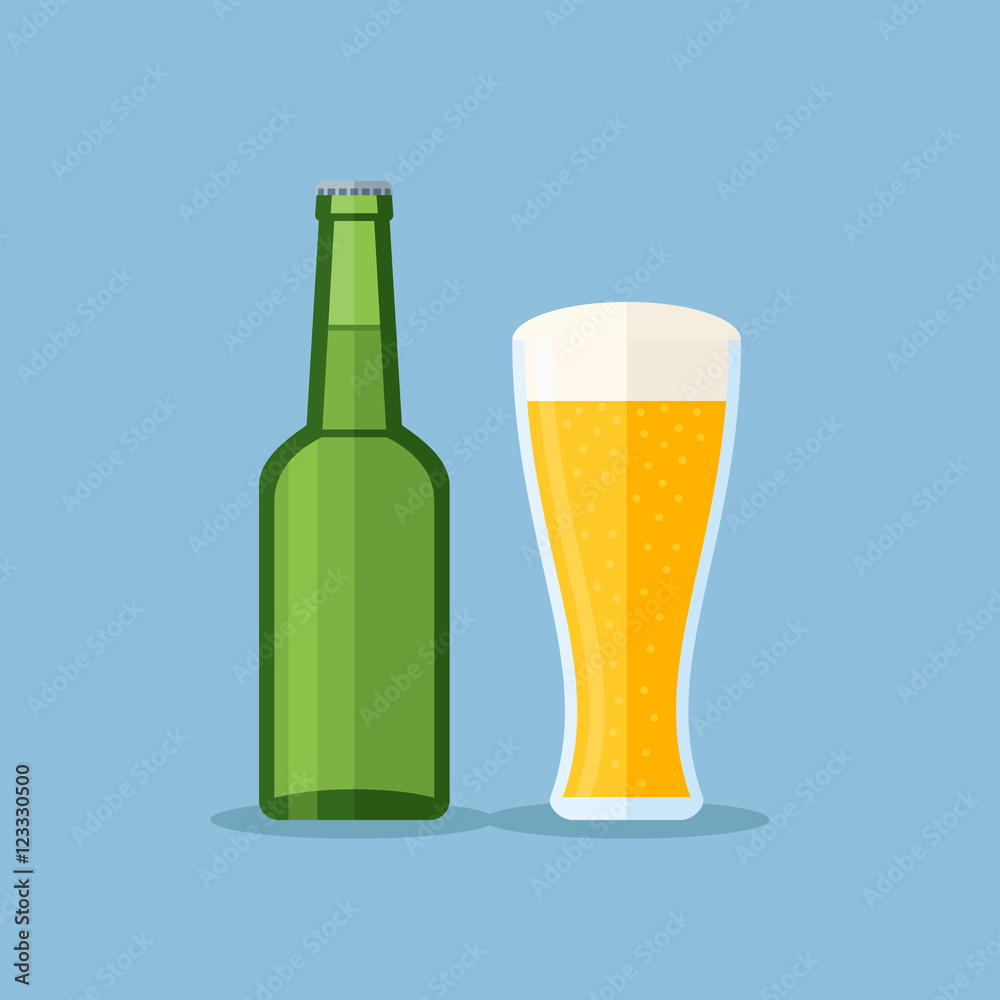 Green bottle and glass with beer on blue background. Flat style vector illustration. Green bottle and glass with beer on blue background. Flat style vector illustration.