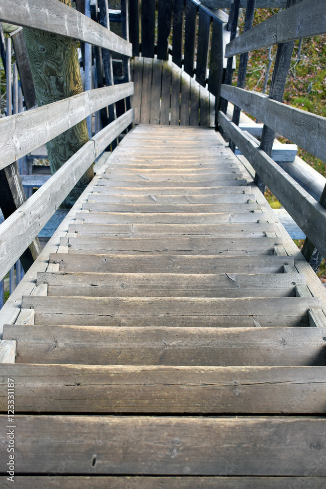 Wooden stairs down from lookout tower. Wooden stairs down from lookout tower.