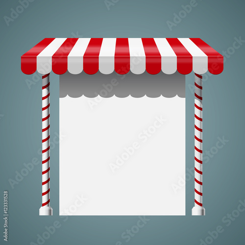Sale stand with red awning.