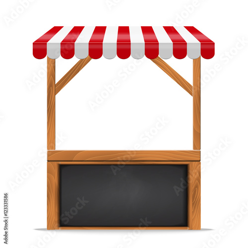 Fotografia Street stall with red awning and wooden rack.
