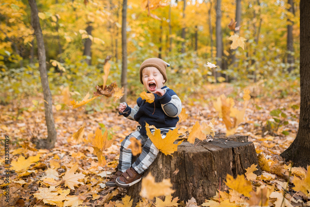 Beautiful baby boy one years old crawling in fallen leaves - autumn scene Beautiful baby boy one years old crawling in fallen leaves - autumn scene