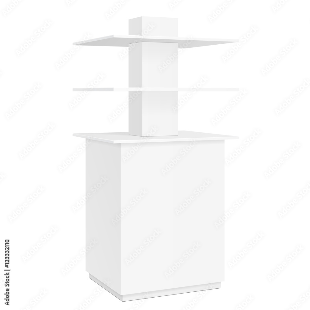 White Square POS POI Cardboard Floor Display Rack For Supermarket Blank Empty Displays With Shelves Products On White Background Isolated. Ready For Your Design. Product Packing. Vector EPS10 White Square POS POI Cardboard Floor Display Rack For Supermarket Blank Empty Displays With Shelves Products On White Background Isolated. Ready For Your Design. Product Packing. Vector EPS10