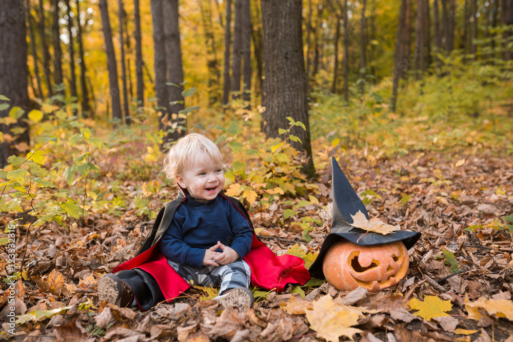 Halloween baby boy. Child in autumn forest looking at the falling leaves. Halloween baby boy. Child in autumn forest looking at the falling leaves.