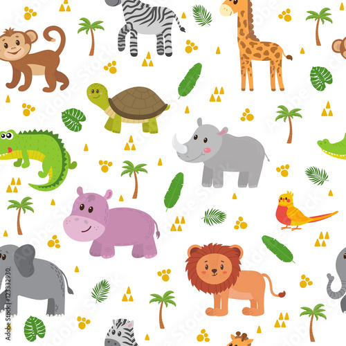 African animals seamless pattern. Cute cartoon childish animals