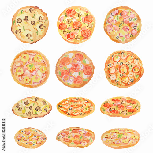 Watercolor pizza set on white background. Fresh and hot italian snack.