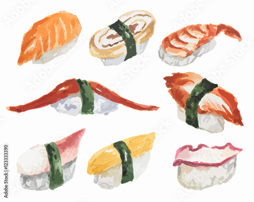 Watercolor sushi set. Different kinds of sushi as rolls, maki and more. Rice and fish.