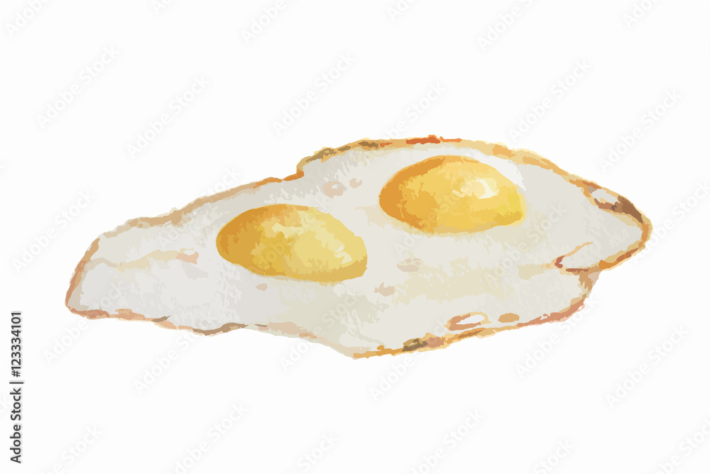 Isolated watercolor fried eggs on white background. Healthy and tasty food for breakfast.