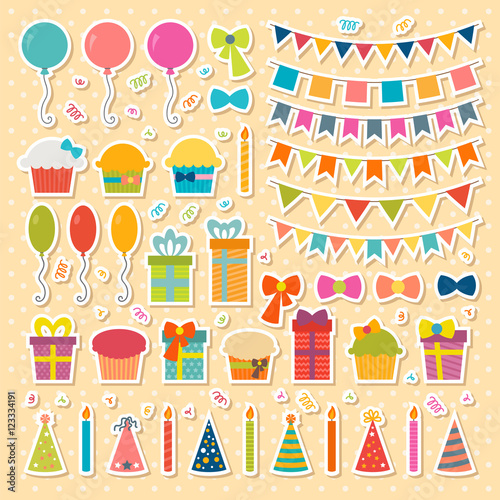 Set of birthday party design elements, stickers. Colorful balloo
