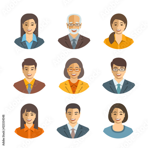 Asian business people flat vector avatars. Business team icons. Men and women in suits, Japanese, Chinese, Korean young and senior characters. Company staff profile pictures. Simple cute happy faces