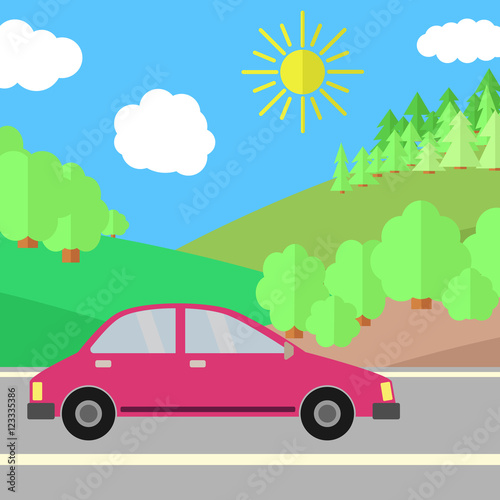 Fototapeta Naklejka Na Ścianę i Meble -  Red Car on a Road on a Sunny Day. Summer Travel Illustration. Car over Landscape.
