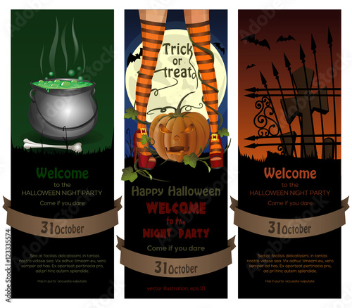 Set of Halloween night banners set with full moon, cemetery, magic cauldron  and sexy witch legs in striped stockings on a background of jack-o'-lantern. Vector illustration