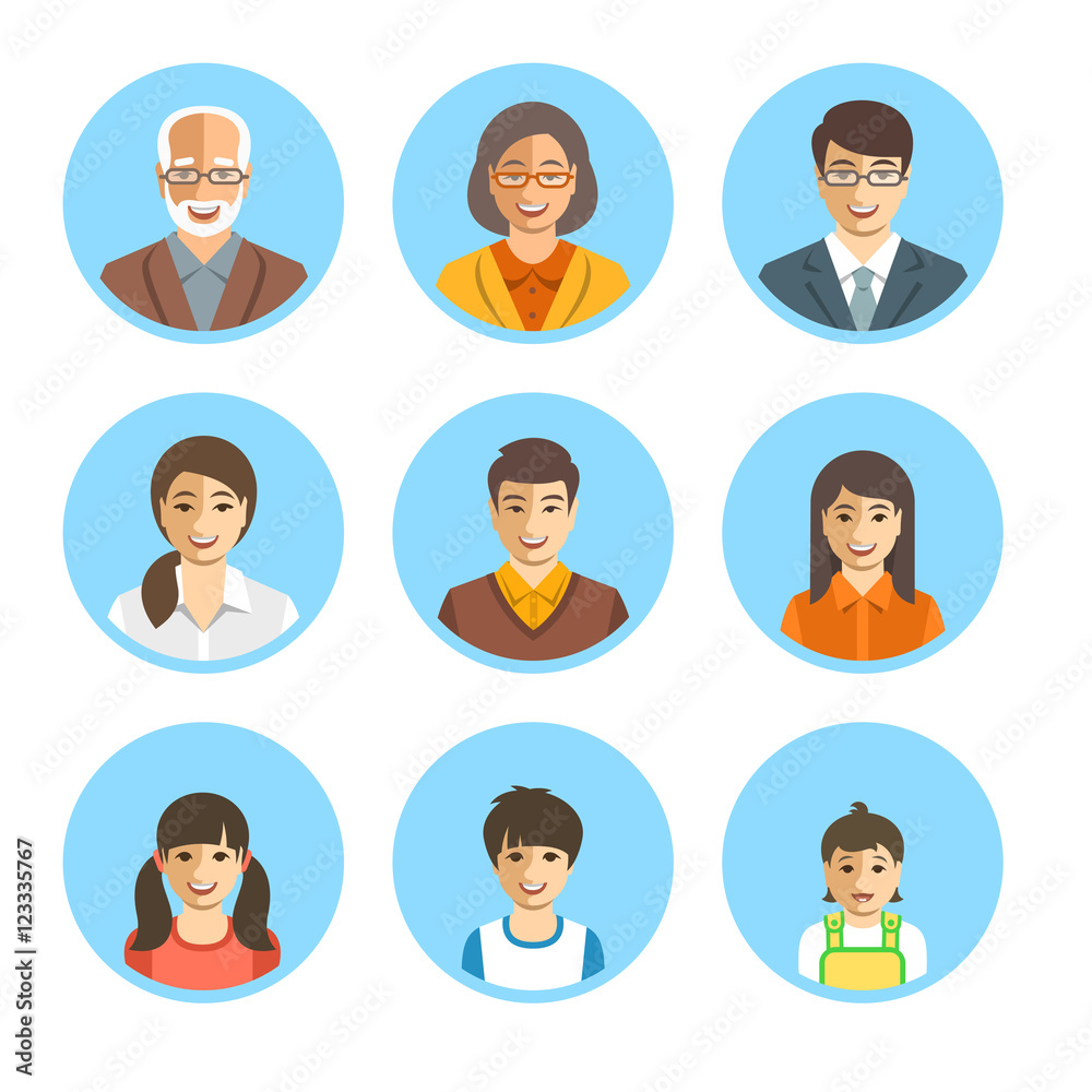 Asian family happy faces. Vector flat avatars. People generation simple icons. Mother, father and adult, teen and little kids. Japanese, Chinese portraits. Young, senior men and women, boys and girls Asian family happy faces. Vector flat avatars. People generation simple icons. Mother, father and adult, teen and little kids. Japanese, Chinese portraits. Young, senior men and women, boys and girls