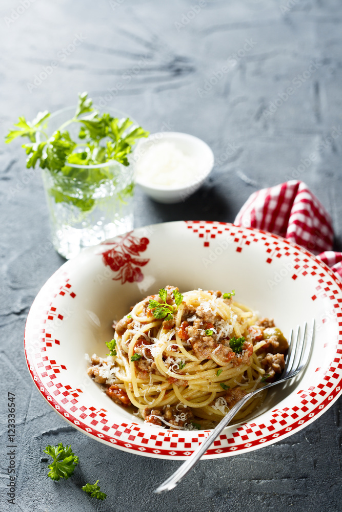 Pasta bolognese with minced meat and tomato sauce Pasta bolognese with minced meat and tomato sauce