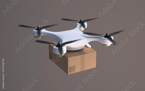 Drone carrying carton package. 