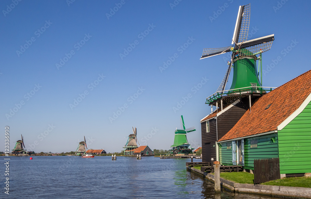 Traditional dutch windmills at the Zaan river