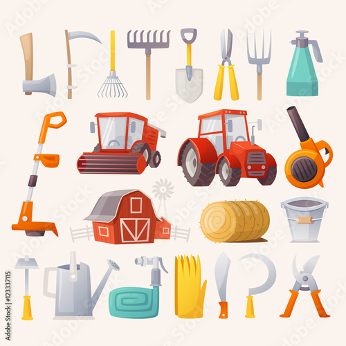 Items, tools and agricultural machines for farming. Flat view