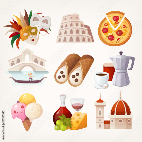 Stickers with sights and famous food of Italy.