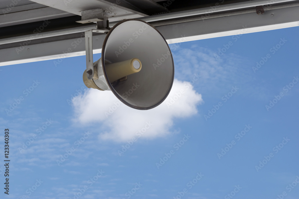 Closeup the speaker mounted on the roof for publicity. Closeup the speaker mounted on the roof for publicity.