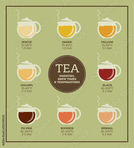 Tea varieties and brewing instructions. Steeping time and temperature. Types of tea in glass teapots. Infographic poster