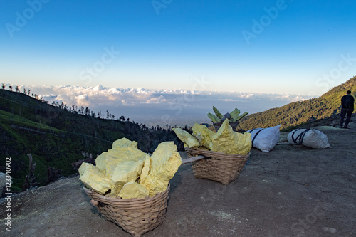 yellow sulfur mine ijen volcano at sunrise panorama landscape view photo