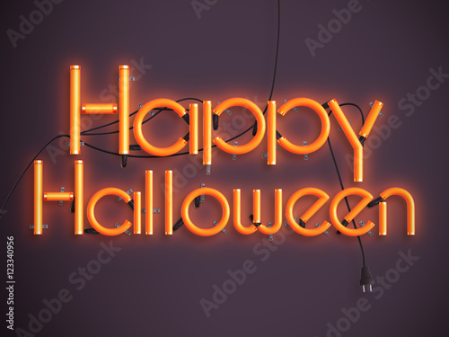 happy halloween glowing neon text 3d illustration
