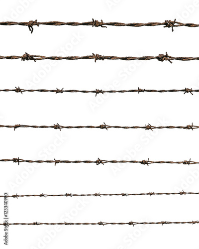 Old and rusty barbed wire isolated on white