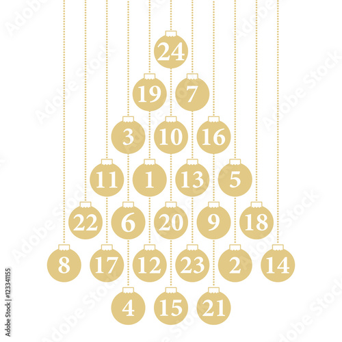Adventkalender Karte mit hängenden Kugeln (in Gold)