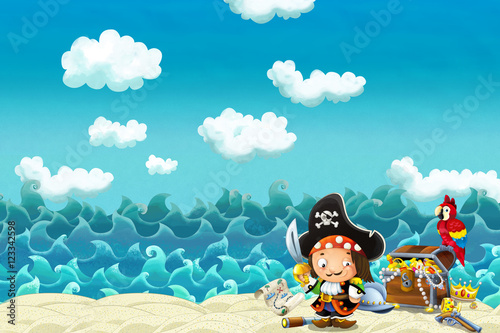 Cartoon scene of beach near the sea or ocean - illustration for children