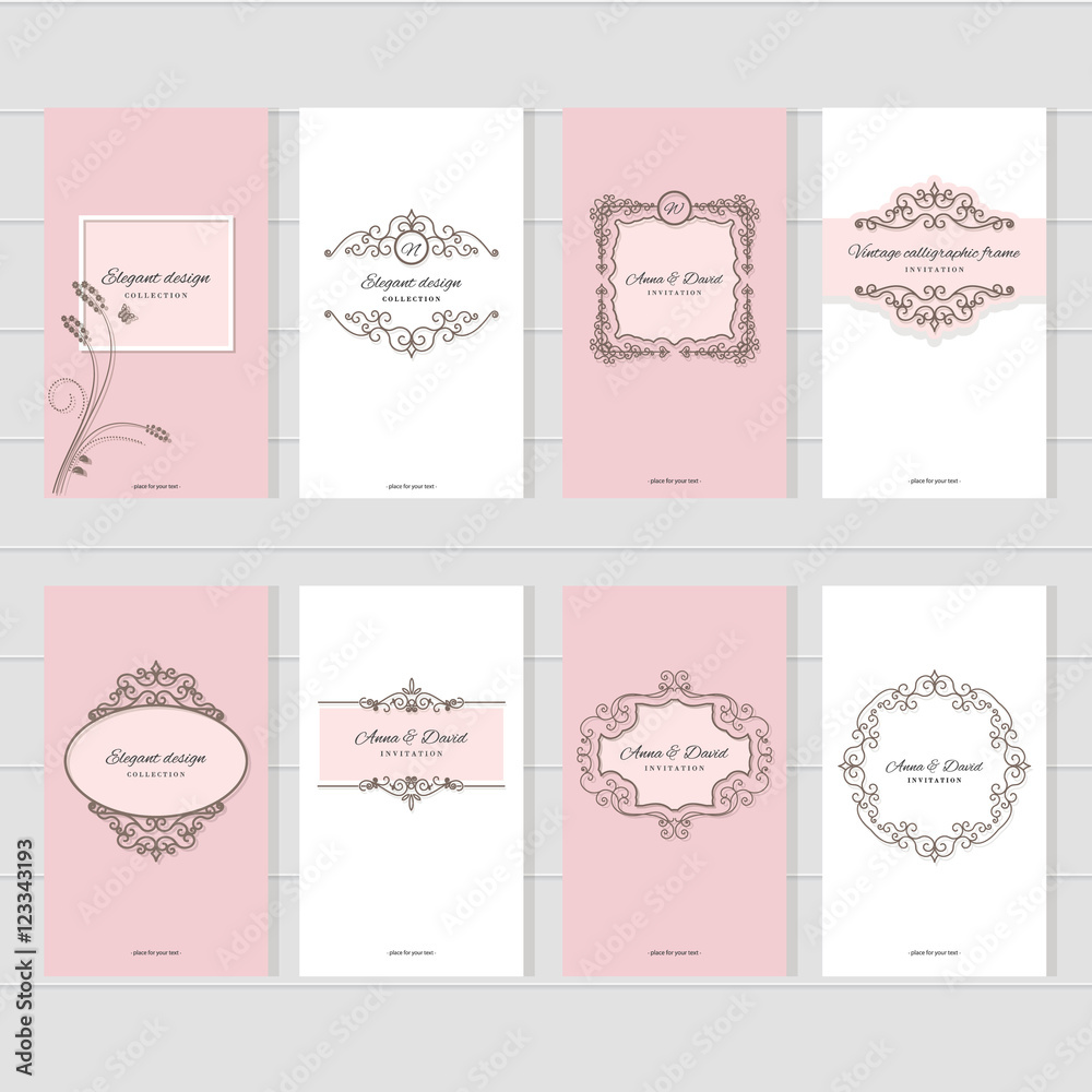 Vintage card templates set. For wedding invitations, elegant greeting cards, beauty industry brochures design.