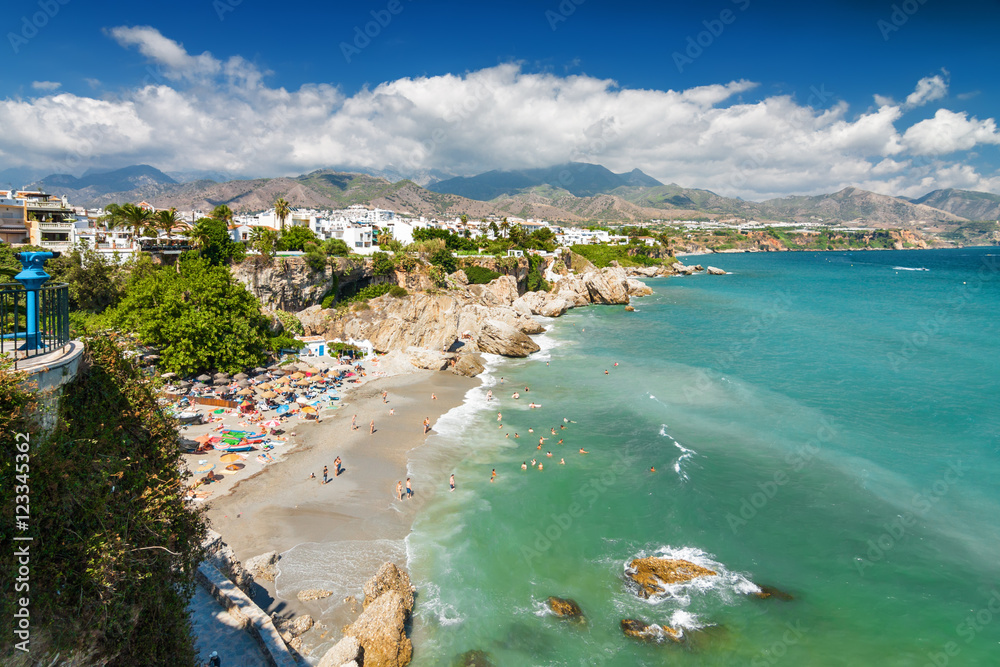 Sunny view of Mediterranean sea from viewpoint of Europe's balcony in Nerja, Andalusia province, Spain.