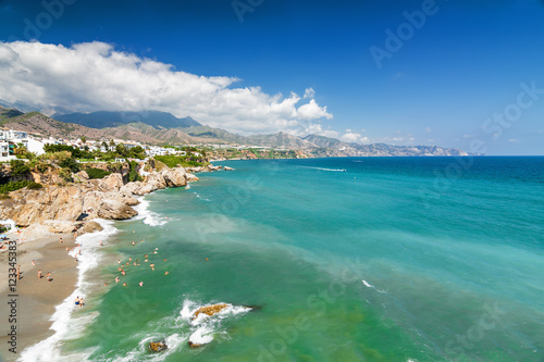 Sunny view of Mediterranean sea from viewpoint of Europe's balcony in Nerja, Andalusia province, Spain.