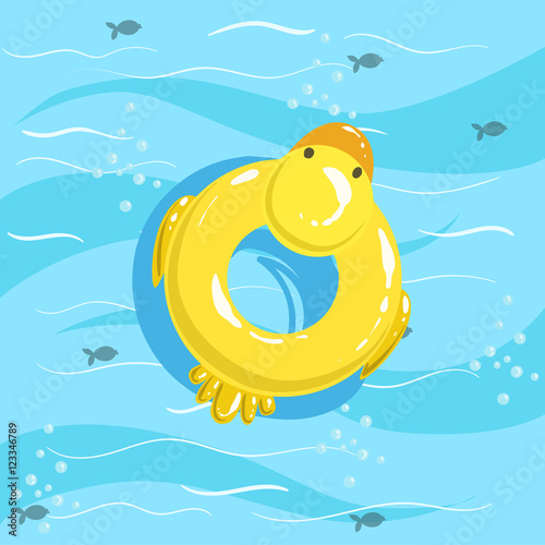 Toy Inflatable Duck Ring With Blue Sea Water On Background