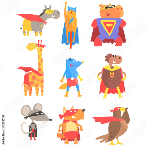 Animas Dressed As Superheroes Set Of Geometric Style Stickers