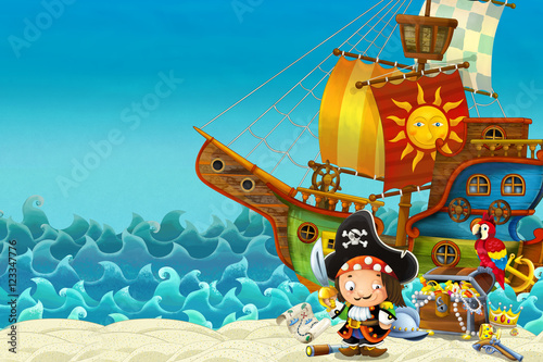 Cartoon scene of beach near the sea or ocean - pirate captain on the shore and treasure chest - illustration for children