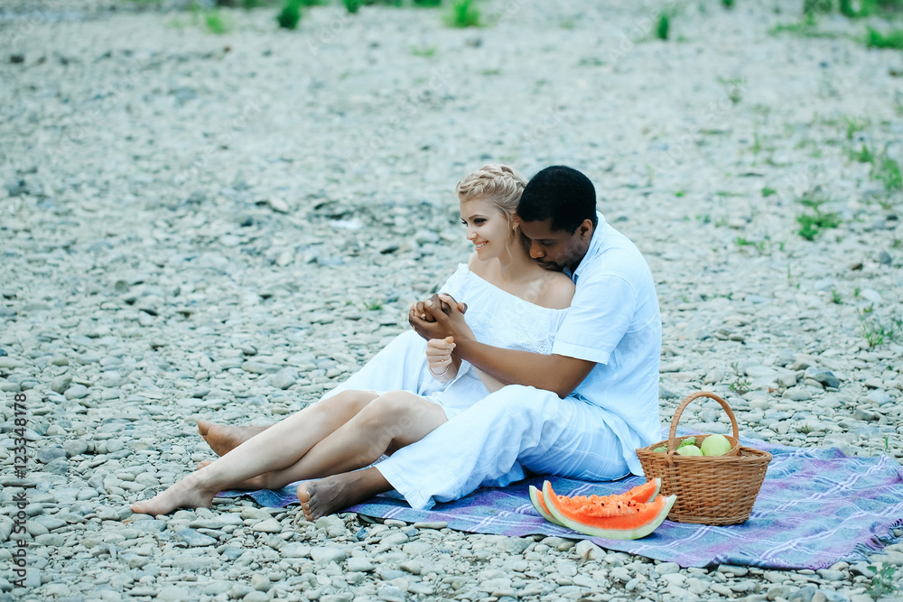 Romantic couple have summer picnic