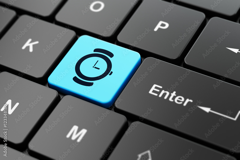 Timeline concept: Hand Watch on computer keyboard background Timeline concept: Hand Watch on computer keyboard background
