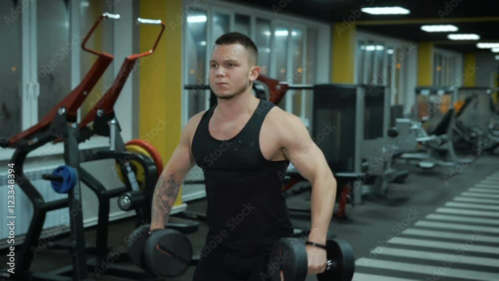 Young man does exercise with dumbbells Young man does exercise with dumbbells