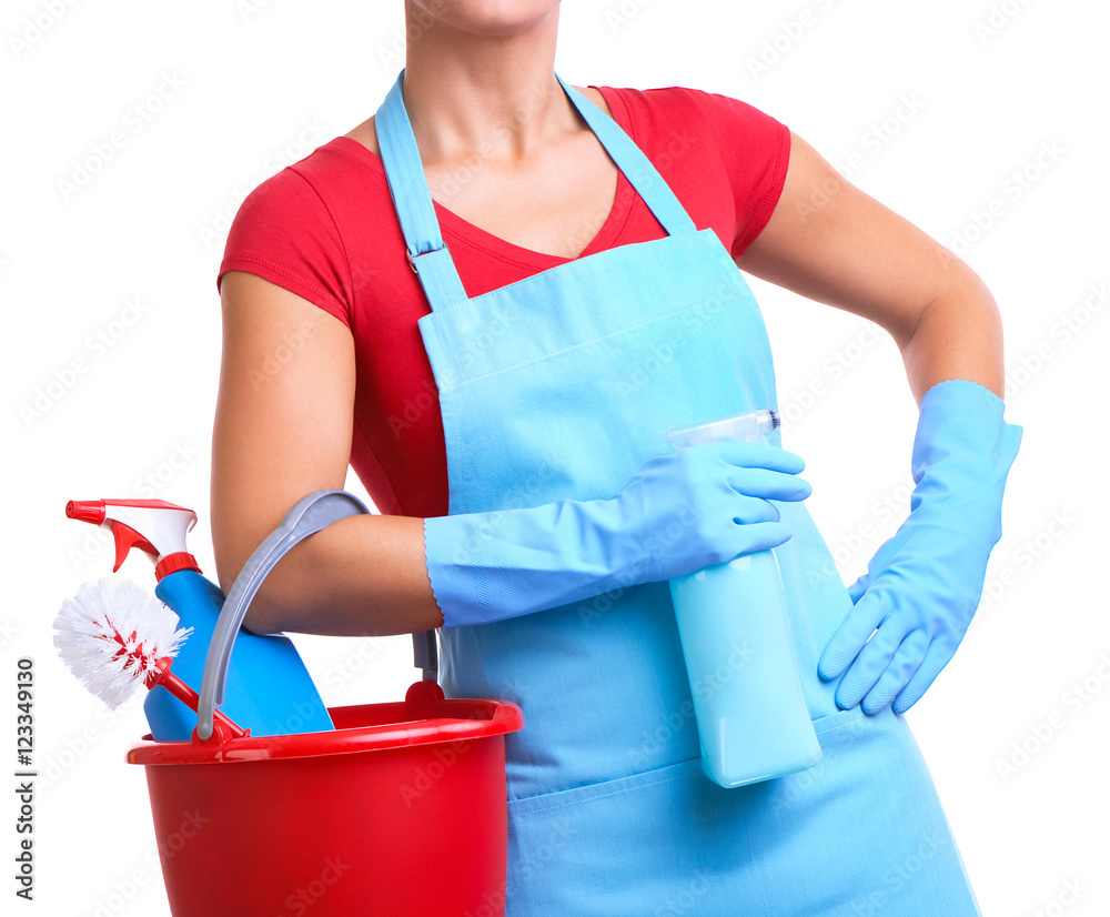 Woman in apron with bucket of cleaning supplies on white Woman in apron with bucket of cleaning supplies on white