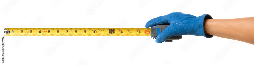 Woman's arm with gloved hand and measuring tape isolated on white background - obrazy, fototapety, plakaty 