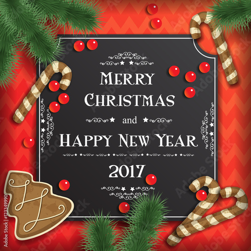  Christmas background with greeting cards, festive gingerbread, beads and Christmas tree branches on a red. Happy New Year. 