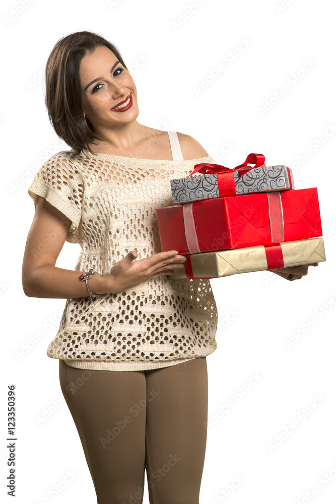 Christmas woman portrait holding christmas gift. Smiling happy Christmas woman portrait holding christmas gift. Smiling happy