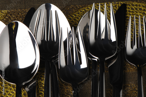Photography Shining silverware flatware cutlery knives forks and spoons on green place mat b