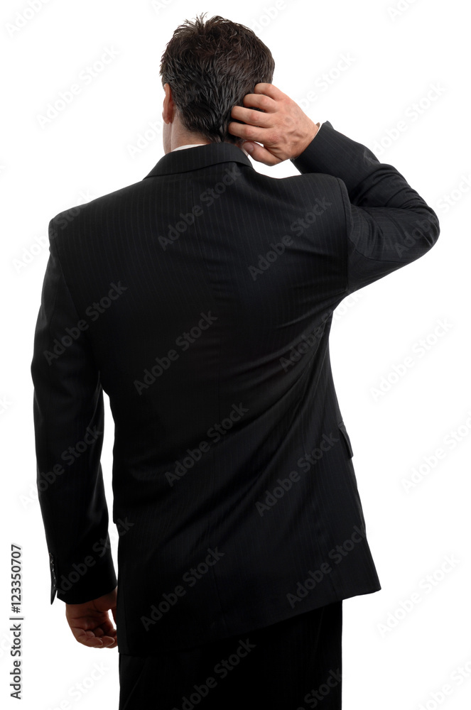 Businessman rear view scratching head on white Businessman rear view scratching head on white
