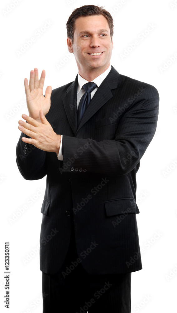 Businessman satisfied wiping hands on white Businessman satisfied wiping hands on white
