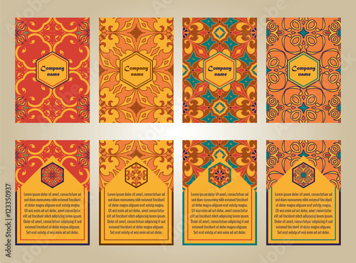 Vector set of colorful brochure templates for business and invitation. Portuguese, Moroccan; Arabic; asian ornaments