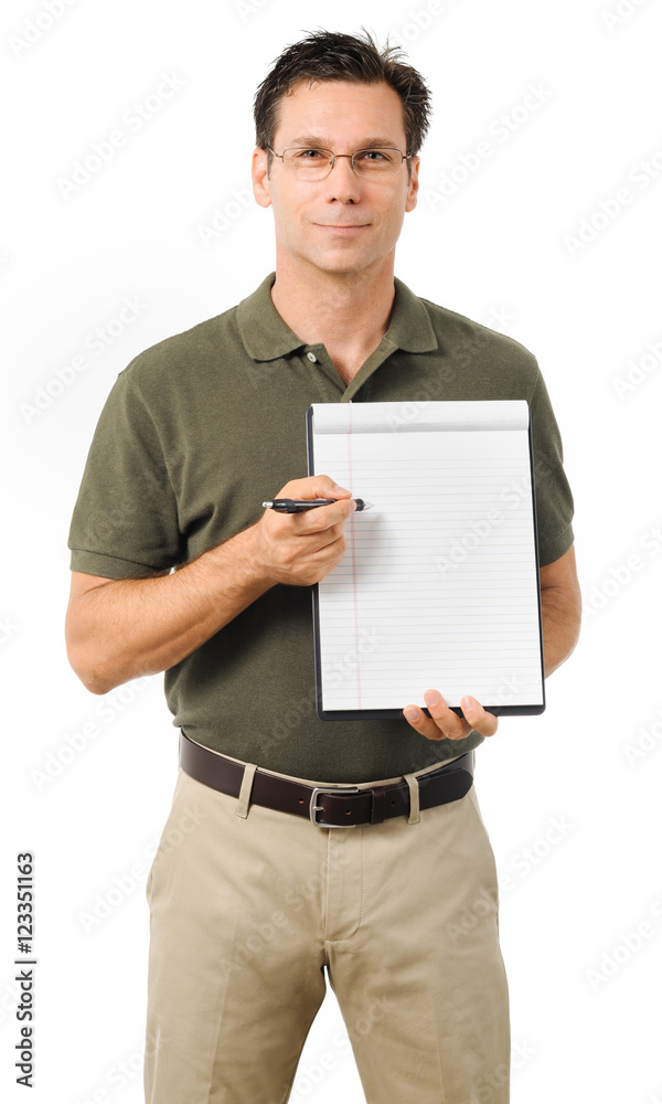 Casual Dress Businessman Holding Notepad on White