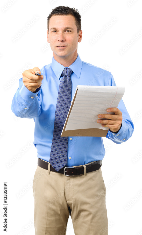 Casual Dress Businessman Holding Clipboard and pointing on White